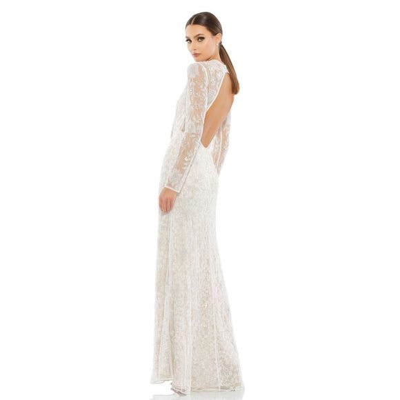 Mac Duggal white long sheer sleeve embellished gown dress size 4 NWT - Picture 2 of 16